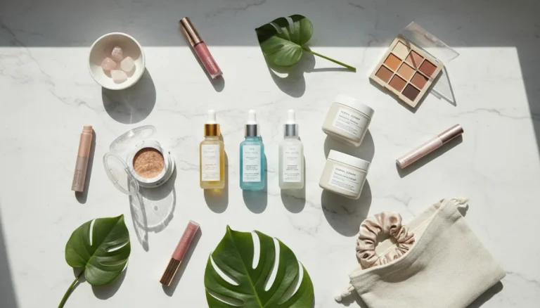 Trending beauty products displayed in a flatlay composition