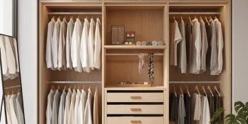 Organized modern wardrobe closet with essential clothing pieces