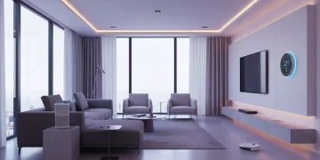 Smart home devices in a modern living room showing connected lifestyle technology