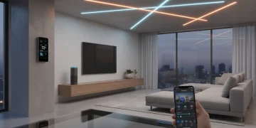 Smart home devices in a modern living room with smartphone controlling thermostat and lights