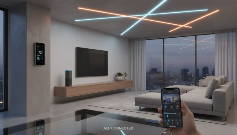 Smart home devices in a modern living room with smartphone controlling thermostat and lights