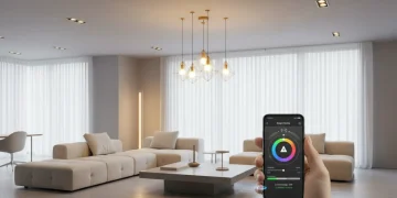 Smart lighting system in modern living room with LED bulbs and smartphone control