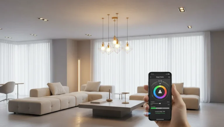 Smart lighting system in modern living room with LED bulbs and smartphone control