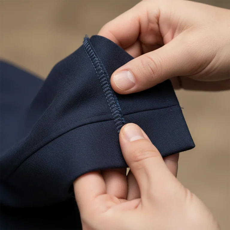 Inspecting quality clothing details on a blue blazer