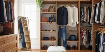 Organized closet displaying wardrobe investment pieces including blazer, silk blouse, and quality denim