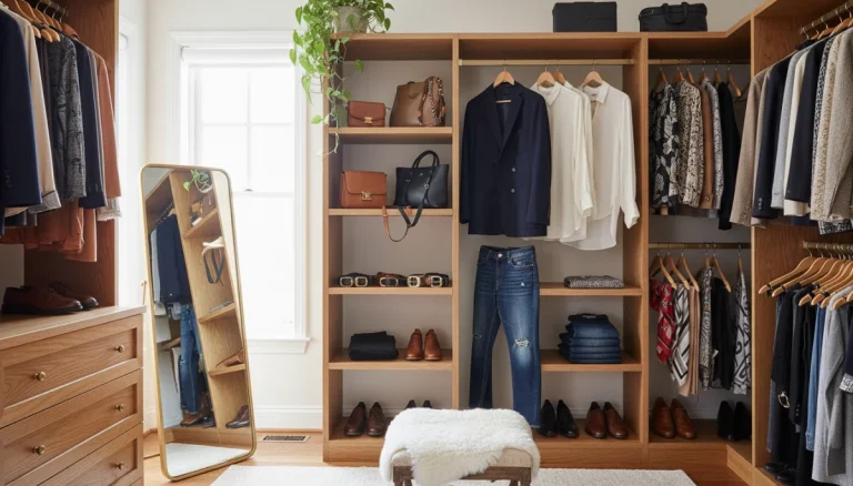 Organized closet displaying wardrobe investment pieces including blazer, silk blouse, and quality denim