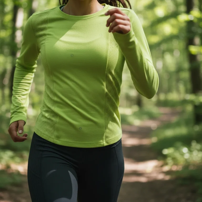 Sustainable athletic wear fabric close-up showing recycled polyester blend in bright green, worn by active runner in eco-friendly sportswear