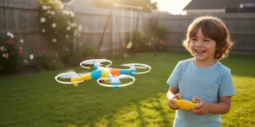 Child safely flying a beginner drone with safety features in a backyard