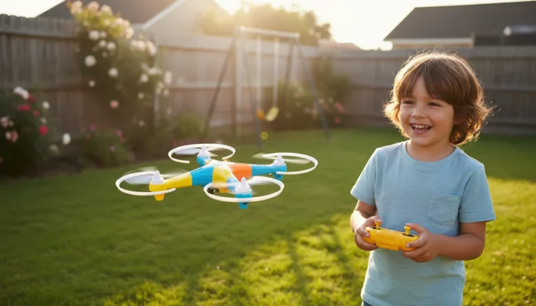 Child safely flying a beginner drone with safety features in a backyard