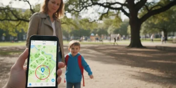 Parent using kids GPS tracker app while walking with child in park
