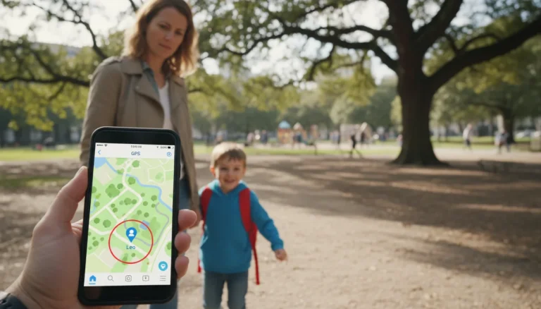 Parent using kids GPS tracker app while walking with child in park