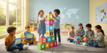 Children playing with smart toys kids in a modern playroom