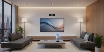 Voice-activated smart home devices in a modern living room setting