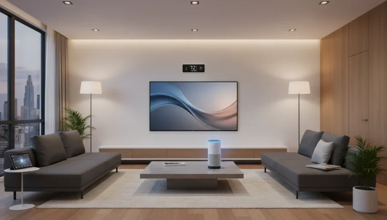 Voice-activated smart home devices in a modern living room setting