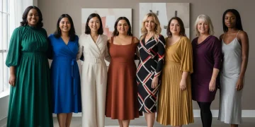 Women wearing flattering silhouettes for different body types in a fashion studio